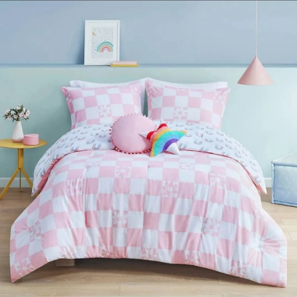 Girls Double Bedding Comforter Plaid Flower 5 Pc Set